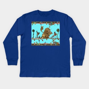 WEIRD MEDIEVAL BESTIARY MAKING MUSIC Violinist Lion,Hare,Snail Cat in Blue Turquoise Kids Long Sleeve T-Shirt